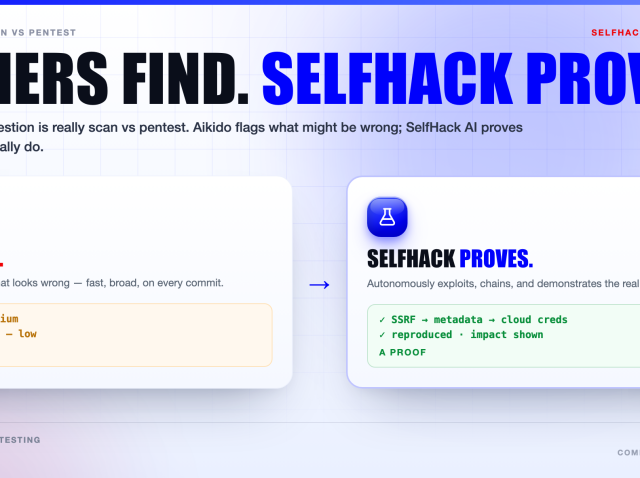 aikido-alternative-scan-vs-pentest Aikido alternative — scanners like Aikido find and flag potential issues, while SelfHack AI autonomously exploits and proves what is actually exploitable | SelfHack AI