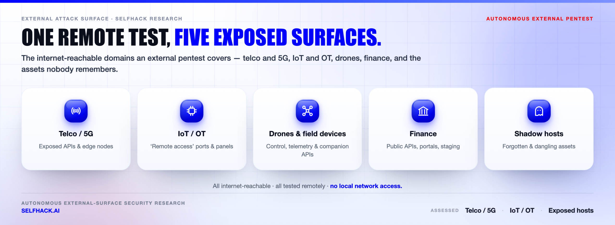 Exposed surface domains — telco, IoT, OT, drones and finance tested remotely by SelfHack AI