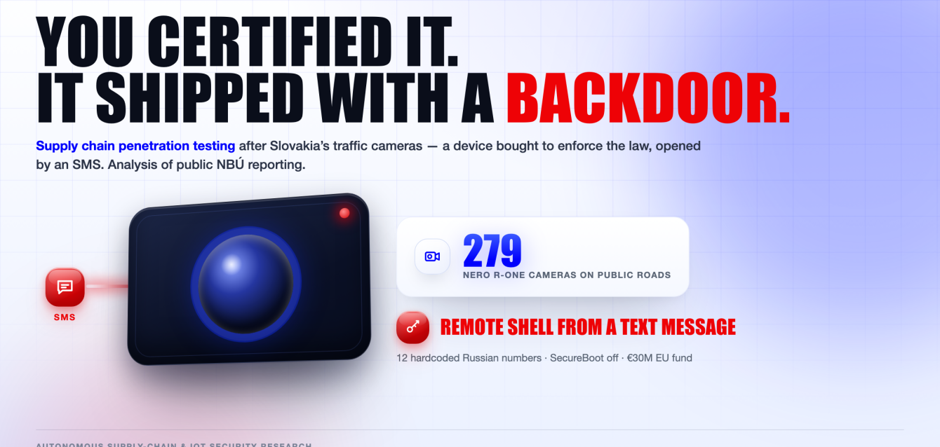 Supply chain penetration testing — Slovakia's 279 backdoored NERO R-ONE traffic cameras with SMS-triggered remote shell, disabled SecureBoot and passwordless live streams | SelfHack AI
