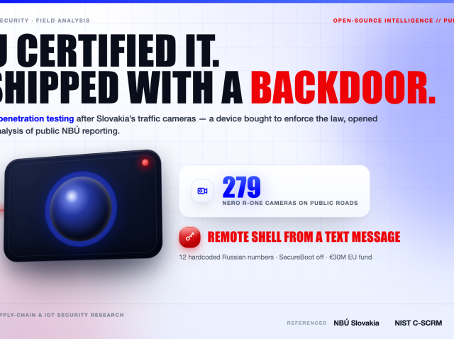 supply-chain-penetration-testing-slovakia-camera-backdoor-1 Supply chain penetration testing — Slovakia's 279 backdoored NERO R-ONE traffic cameras with SMS-triggered remote shell, disabled SecureBoot and passwordless live streams | SelfHack AI