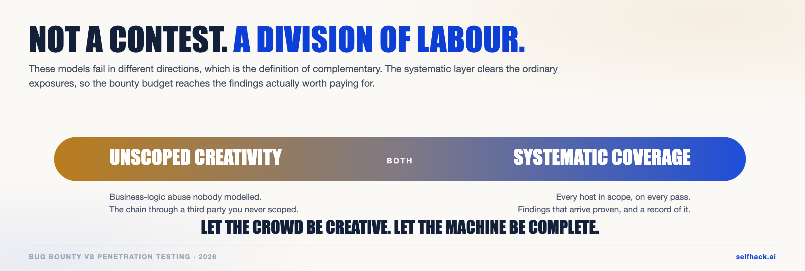 Bug bounty vs penetration testing as a division of labour — unscoped creativity plus systematic validated coverage | SelfHack AI