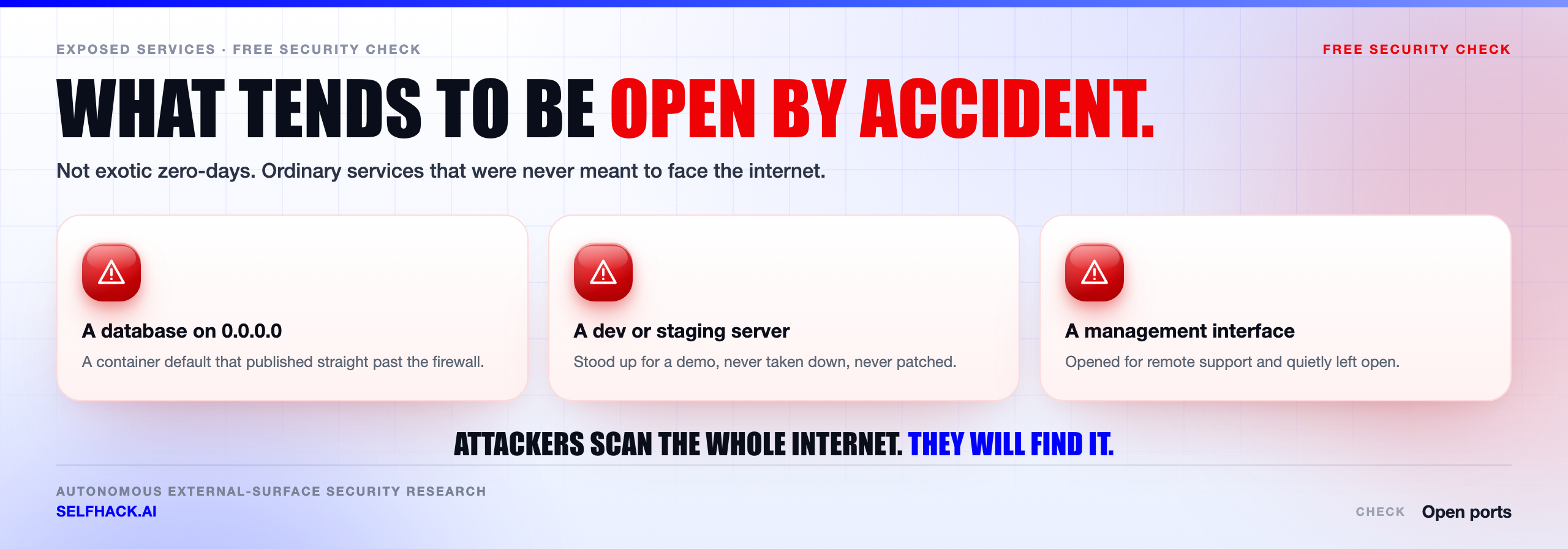Why you should check open ports — the attacker view: enumerate reachable services, fingerprint versions, then try default credentials and unauthenticated management interfaces | SelfHack AI