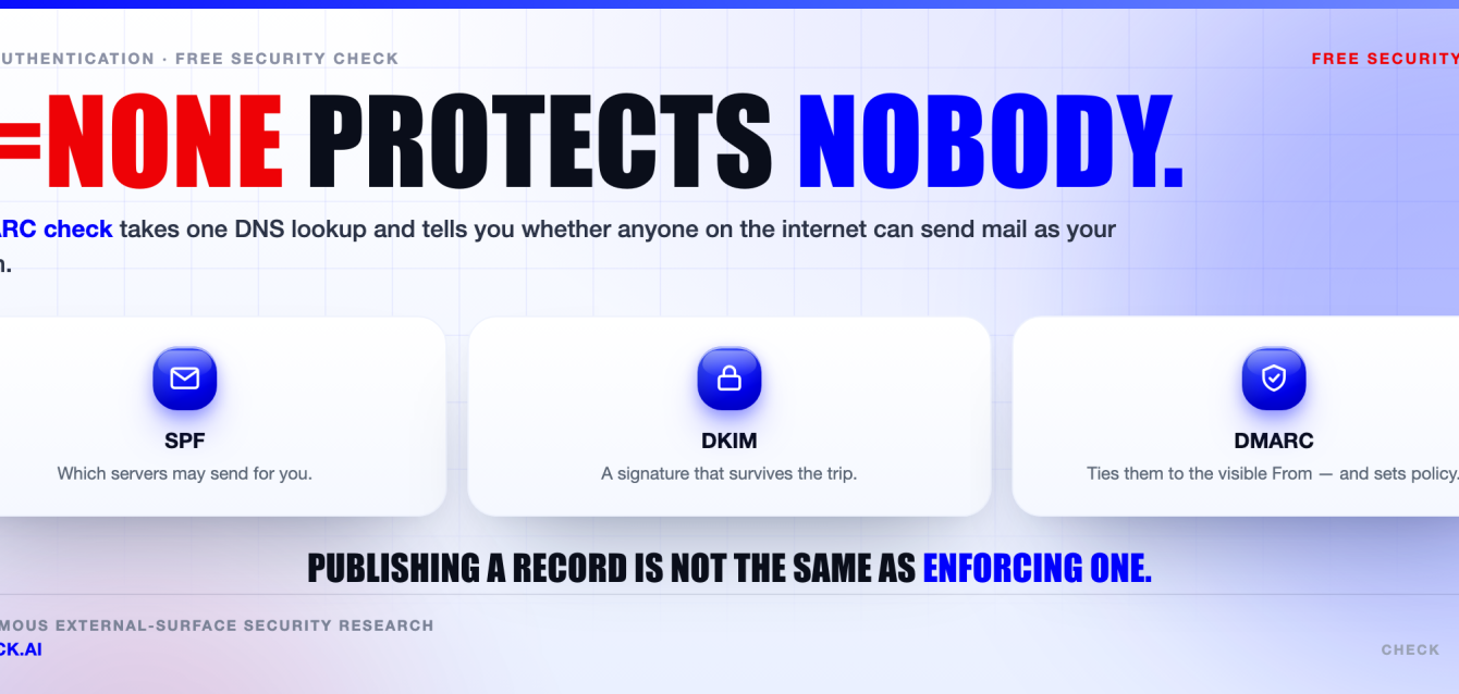 DMARC check explained — SPF authorises sending IPs, DKIM signs the message, and DMARC aligns both to the visible From domain before telling receivers to reject spoofed mail | SelfHack AI