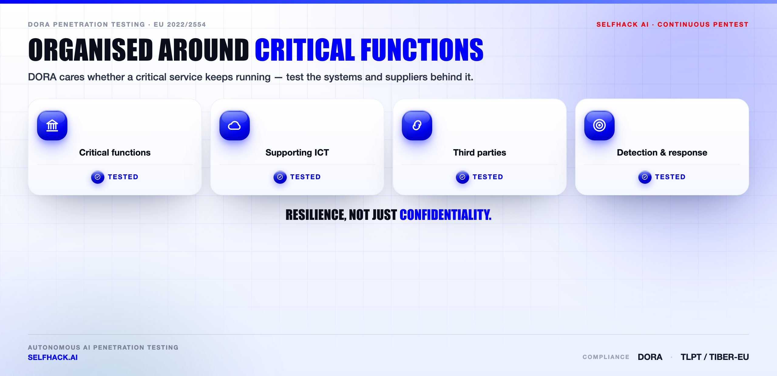 DORA penetration testing coverage — critical functions, the ICT systems and third parties supporting them, and the attack paths toward disruption | SelfHack AI