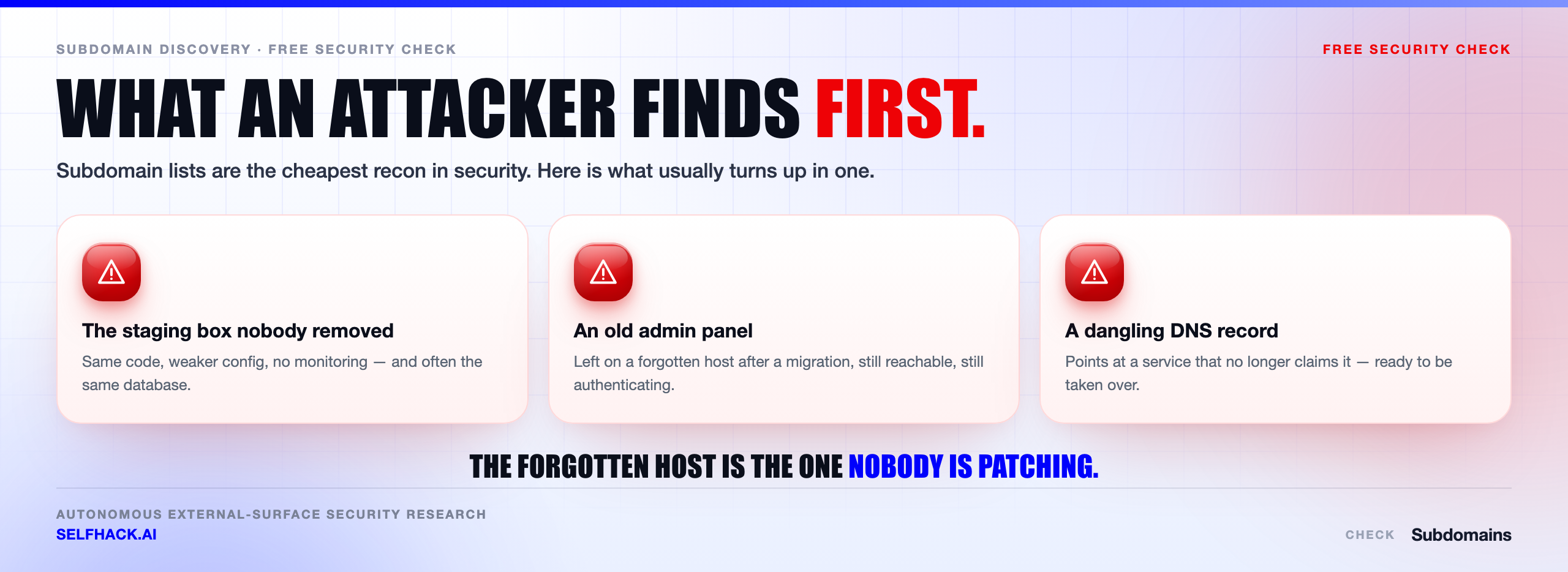 What an attacker sees when they find subdomains — forgotten staging servers, old admin panels, legacy hosts and dangling CNAME records behind a hardened main domain | SelfHack AI