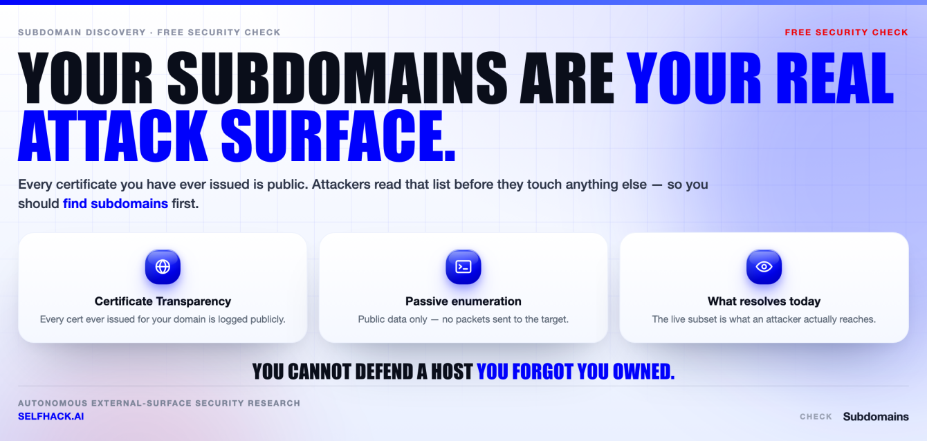 How to find subdomains of a domain — passive OSINT sources including Certificate Transparency logs, DNS records, passive DNS and web archives feeding a subdomain inventory | SelfHack AI