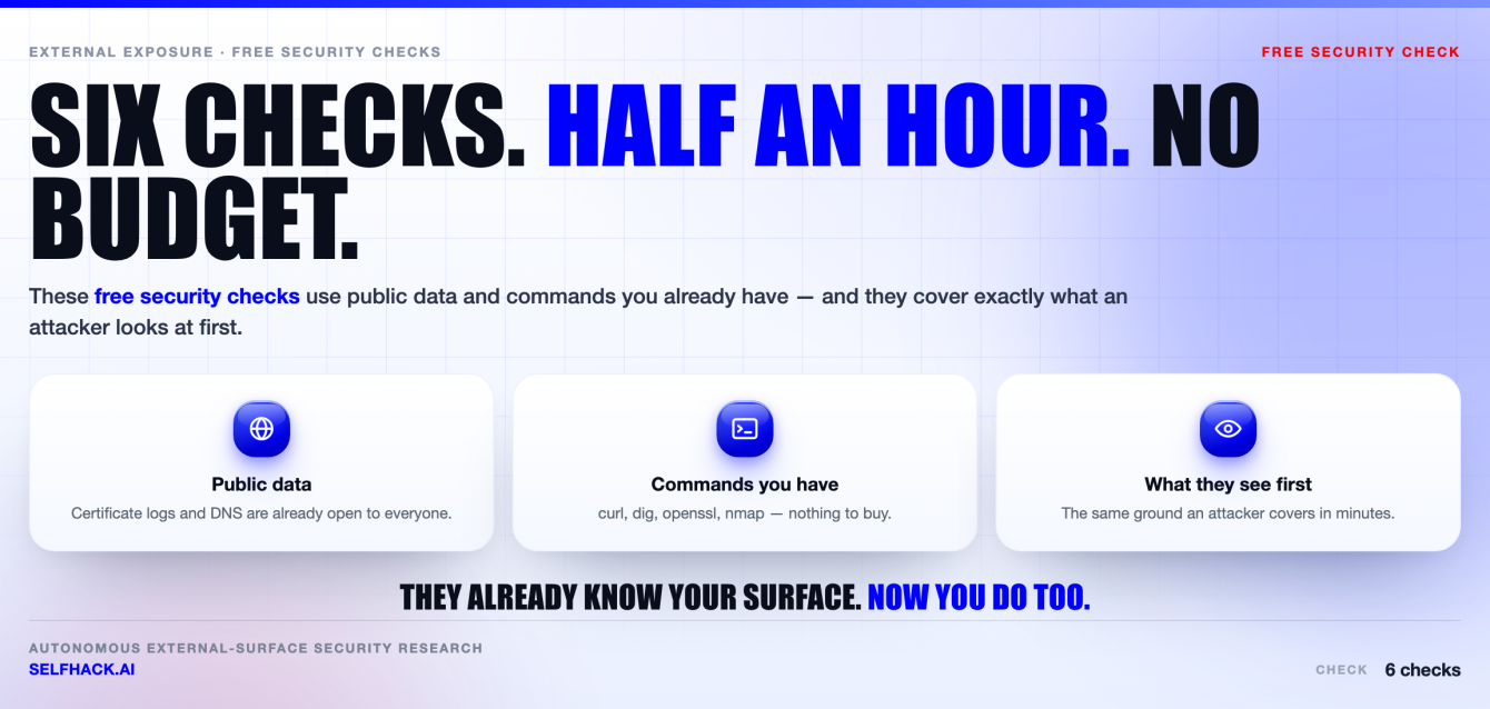 Free security checks — six things to test on your own domain: subdomains, security headers, DMARC, open ports, subdomain takeover and SSL TLS | SelfHack AI