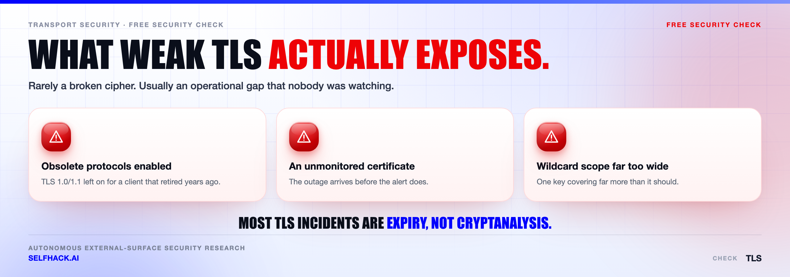 SSL TLS check boundary diagram — what weak encryption exposes on the wire versus the application flaws TLS never protects, from broken access control to injection and SSRF | SelfHack AI