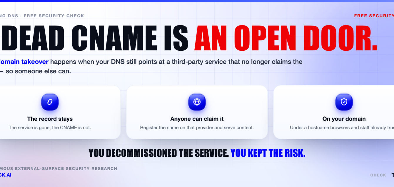 Subdomain takeover explained — a dangling CNAME on your domain still points at a third-party service that released the name, letting someone else serve content from your subdomain | SelfHack AI